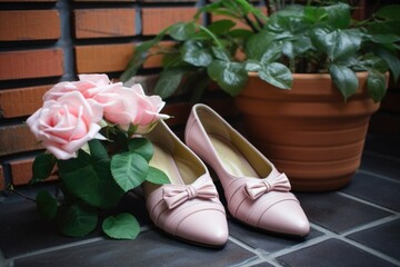 bride and groom slippers near a potted rose plant