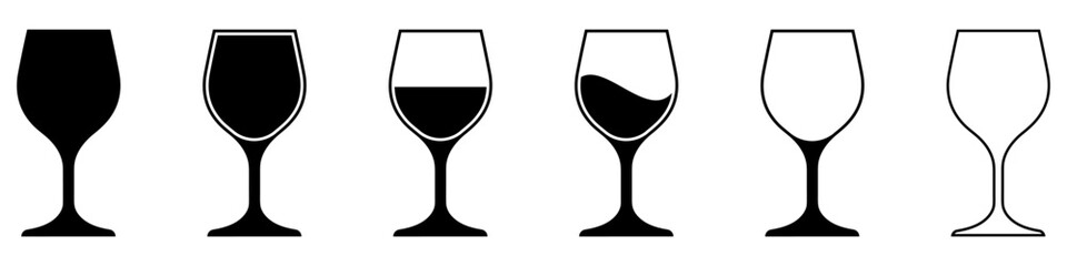 Wine glass icon. Set of various wine glasses. Black silhouette of wine glass.