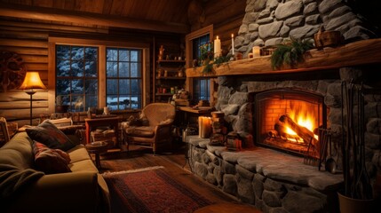 A cozy, rustic cabin with a crackling fireplace for warmth - obrazy, fototapety, plakaty