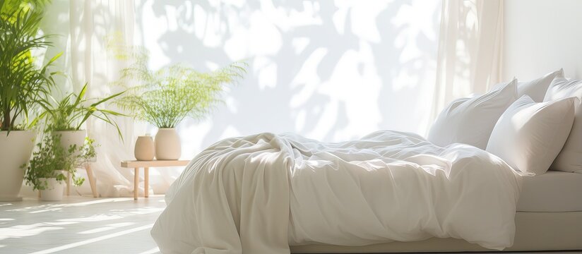 Luxurious indoor lifestyle an elegant home with a white unmade bed and sunny white curtain backdrop