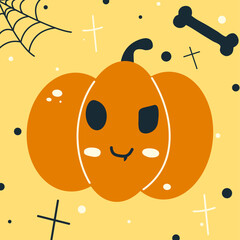 Halloween cunning pumpkin face - smile with one fang Jack o lantern, autumn holidays banner. Jack o lantern icon emotion. Vector illustration.