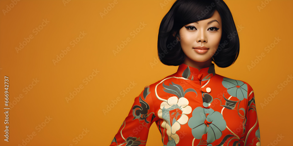 Wall mural studio portrait of happy Asian woman, 1960s fashion