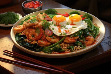 A plate of Pad Kee Mao with Kai Dao, stir-fried drunken noodles with chicken, shrimp, or vegetables, and a fried egg - obrazy, fototapety, plakaty