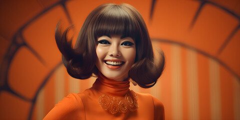 studio portrait of happy Asian woman, 1960s fashion - obrazy, fototapety, plakaty