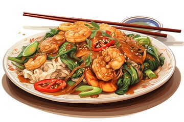 A plate of Pad Kee Mao with Kai Dao, stir-fried drunken noodles with chicken, shrimp, or vegetables, and a fried egg