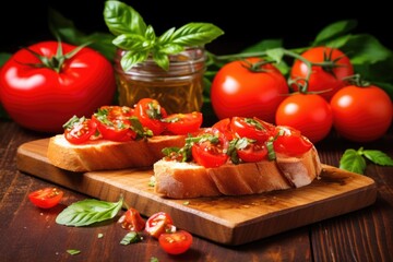 juicy, ripe tomatoes and young, fresh basil on bruschetta