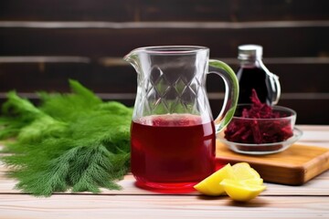 hand beetroot on a chopping board, glass jug of kvass nearby - obrazy, fototapety, plakaty