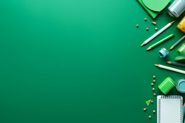 Back to school, school supplies green background
