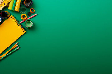 Back to school, school supplies green background