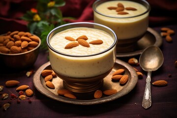 vegan kheer in a glass bowl decorated with almonds