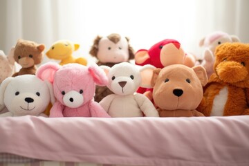 collection of soft, stuffed animals on a baby crib