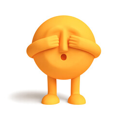 Orange cartoon character covering his eyes playing hide and seek. Clipping path included