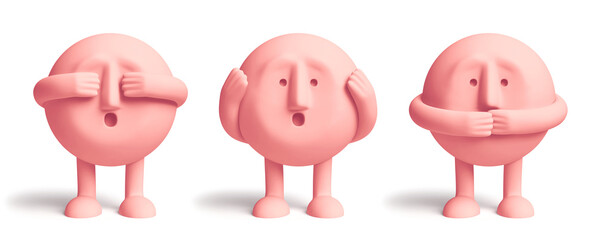 Three cartoon characters covering his eyes, ears and mouth like the three wise monkeys. Don't see, don't hear, don't speak concept. Clipping path included