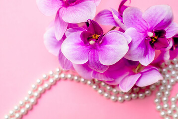 Pearl necklace and purple orchid on pink background
