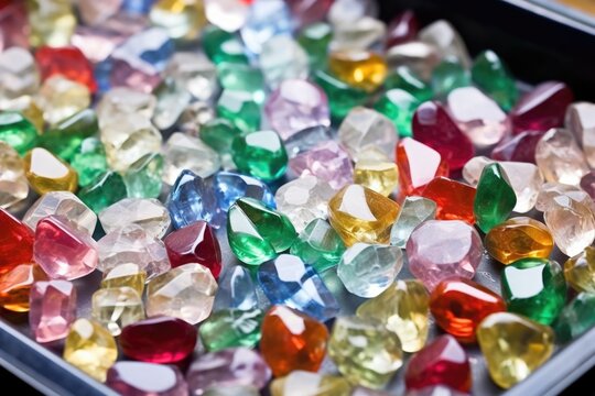 mixed gemstones in a jewel polisher胢s tray