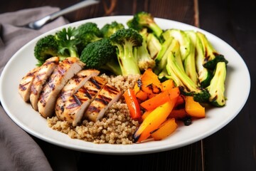 serving of grilled chicken with steamed vegetables and quinoa