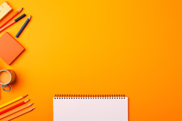 Back to school, school supplies orange background
