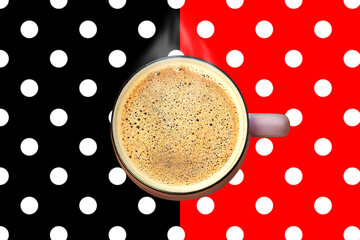 Steaming coffee cup with foam top view on polka dot background creative art collage. Hot drink mug. Energy sip Breakfast Coffee to go Latte beverage shop sale discount. Social media advertising design