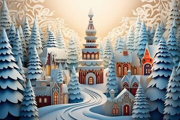 Christmas village with cute houses. Happy new year and merry christmas. Generative Ai Art. Winter forest. - obrazy, fototapety, plakaty