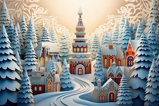 Christmas village with cute houses. Happy new year and merry christmas. Generative Ai Art. Winter forest.
