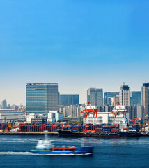 A busy Tokyo port cargo dock in Odaiba, Japan