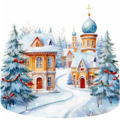 Fototapeta premium Christmas village with cute houses. Happy new year and merry christmas. Generative Ai Art. Winter forest.