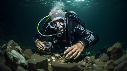 Naklejka na ściany i meble Male sport diver diving underwater 