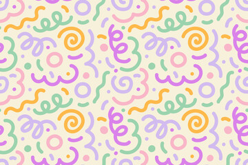 Fototapeta na wymiar Seamless pattern of colorful abstract squiggles print, scribble spiral and wavy lines. retro 80s style. Chaotic ink brush scribbles. Vector illustration.