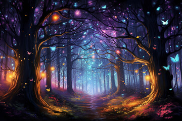 A magical Halloween forest with trees ablaze in neon colors and fireflies creating a dazzling and vibrant canopy.