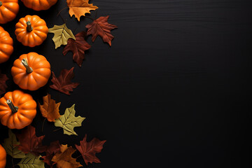 Naklejka na ściany i meble Happy halloween flat lay mockup with pumpkins, leaves and bats on black background. Autumn holiday concept composition. Top view with copy space.