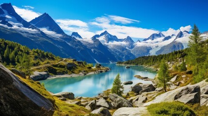 Naklejka na ściany i meble A breathtaking alpine landscape with glacier-fed lakes