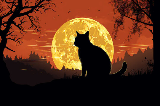Imagine a Halloween activity background with a clean, stark black cat silhouette against a gray moon.