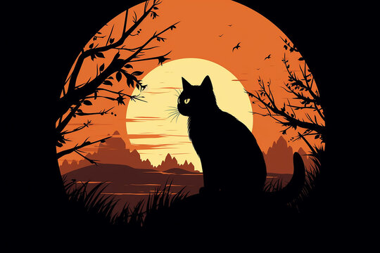Imagine a Halloween activity background with a clean, stark black cat silhouette against a gray moon.