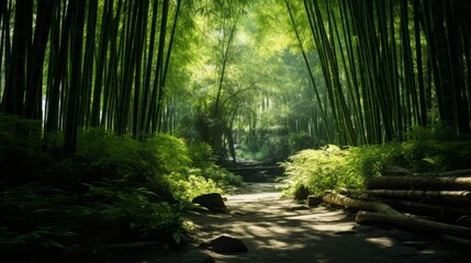 A bamboo forest with a serene, meditative ambiance