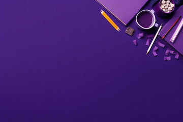 Back to school, school supplies purple background