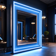 a 3D model of a mirror in a dark room, with a radiant blue light casting dynamic reflections