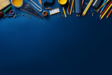 Back to school, school supplies sapphire background