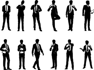 Silhouette business people set. Smartly dressed men in suits and ties, some with clipboards.