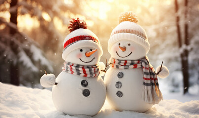 Close up couple Happy snowman standing in winter christmas landscape