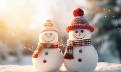 Fototapeta premium Close up couple Happy snowman standing in winter christmas landscape