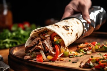 wrapping beef fajita in a tortilla with wooden tongs