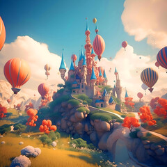 Fantasy landscape with castle and balloons flying in the blue sky. - obrazy, fototapety, plakaty