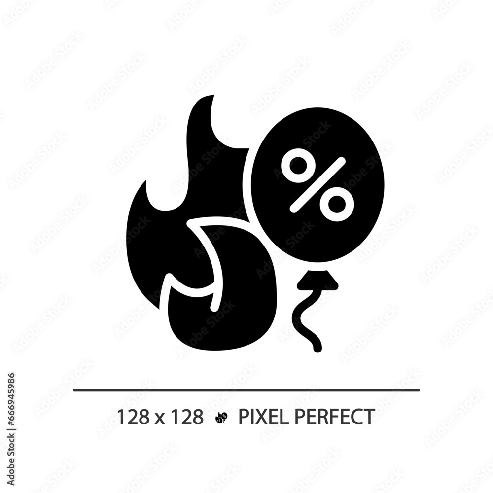 Wall mural 2d pixel perfect glyph style flame and balloon discount icon, isolated black vector, silhouette illu