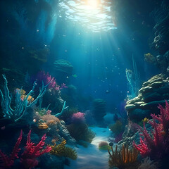 Underwater scene with corals and tropical fish. 3d render
