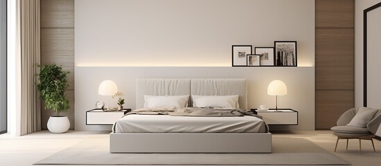 Apartment s master bedroom with chic designs white walls beautiful pillows and stylish lamps