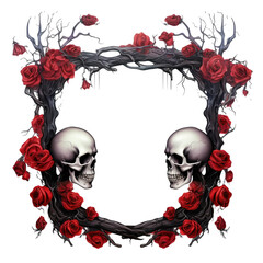 Skeleton skull and flower horror frame decoration on transparent background.