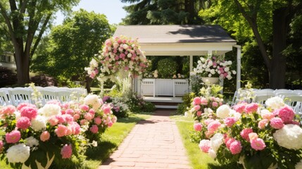 Fototapeta na wymiar Backyard garden wedding with blooming flowers
