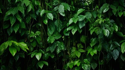 An intricate pattern of leaves and vines in a rainforest