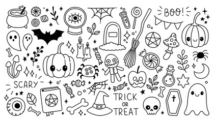 Halloween doodle elements set. Cute Halloween vector collection. Hand drawn illustration pumpkin, ghost, witch hat