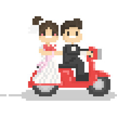 Obraz premium Pixel art wedding couple character on red scooter